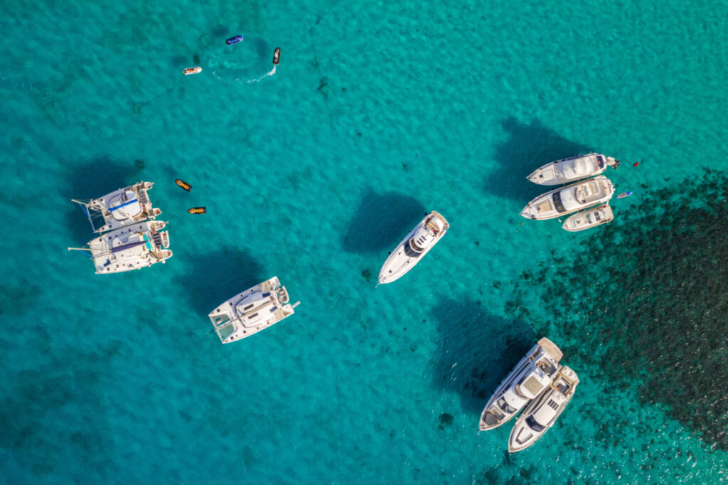 Aerial view of the crystal clear water at the Blue Lagoon in Comino.